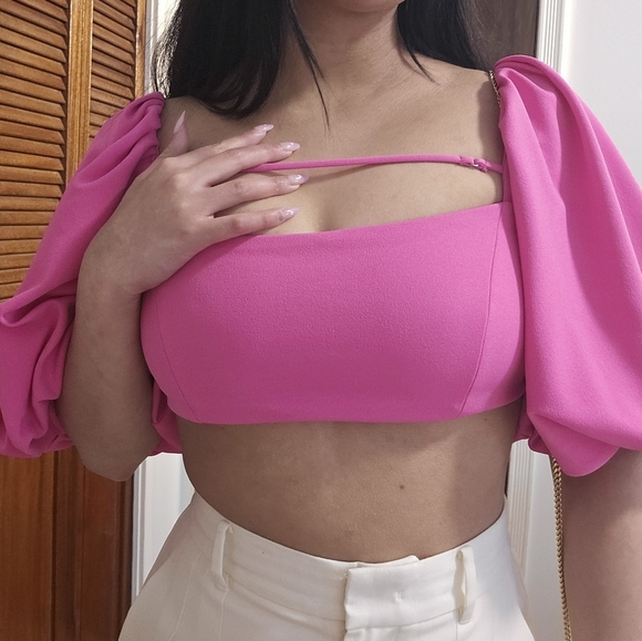 ZARA CROP TOP WITH PUFF DETAIL HOT BRIGHT PINK CERISE FUCHSIA size M - Picture 3 of 6